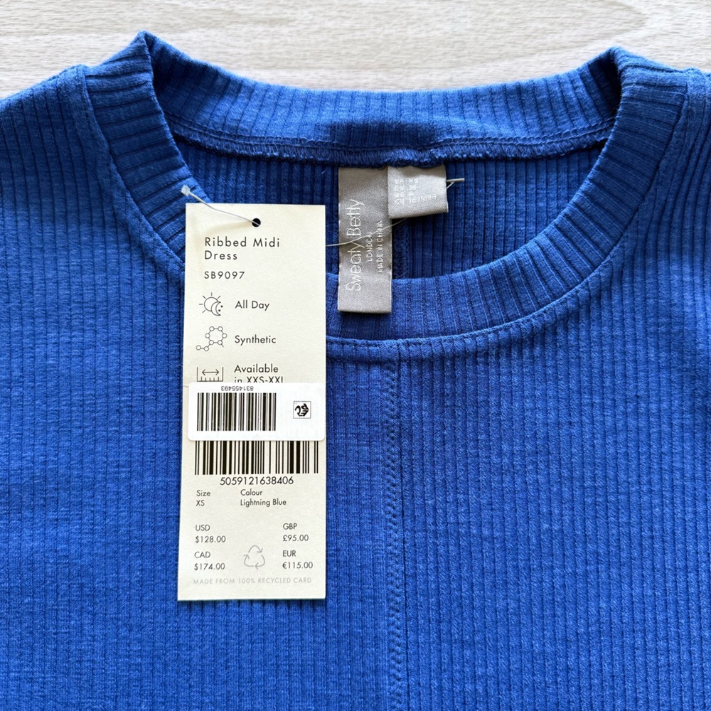 Sweaty Betty Ribbed Midi Dress Short Sleeves Lightning Blue Size XS - Picture 11 of 12